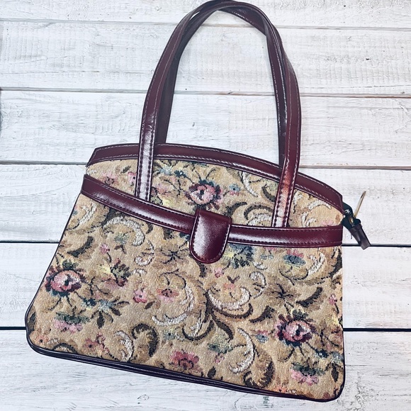 VTG CARPET HANDBAG CANVAS FLORAL RED LEATHER - Picture 2 of 12